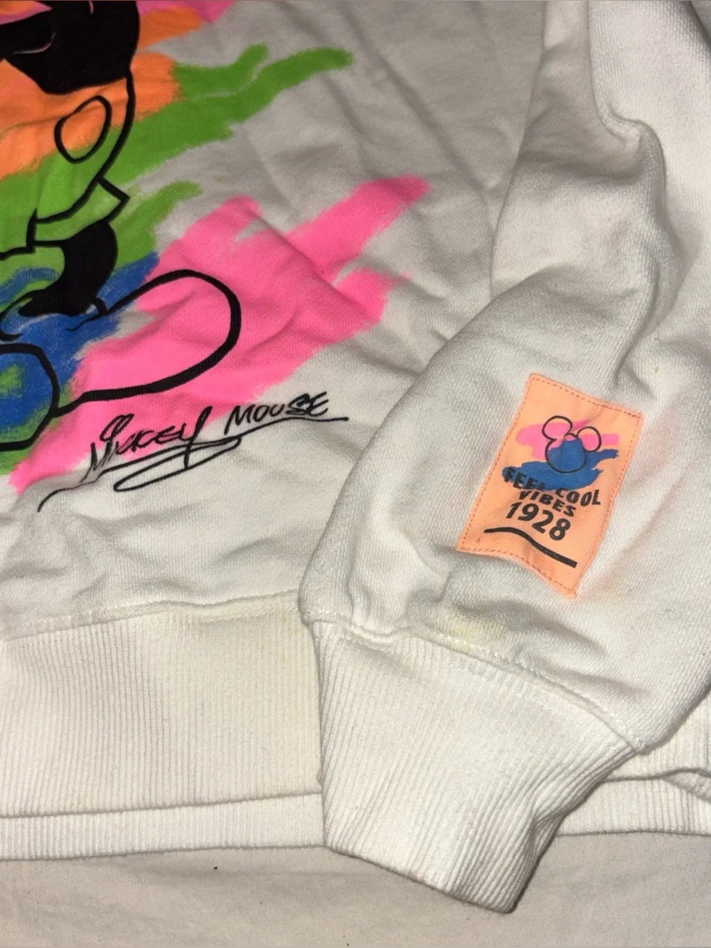 Zara White Kids Sweatshirt with Neon Brushstroke Mickey Graphic